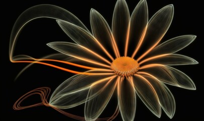  a flower with a black background and a long orange line in the middle of the flower's center, with a black background and white line in the middle of the center of the flower.  generative ai