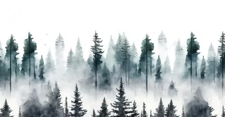 Tuinposter Mistig bos Pine trees in mist, Spruce forest, watercolor illustration white background, Generative AI 