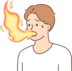 Sick man with flame coming out of mouth suffers from heartburn due to problems