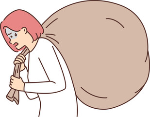 Tired girl with big bag behind back suffers due to overestimation of own strength