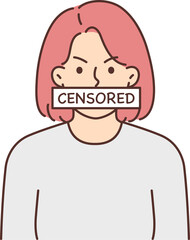 Angry woman with censored sign covering mouth symbolizes violation democracy