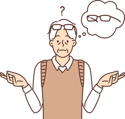 Sad man spreads arms thinking about glasses that have ceased to solve vision problems