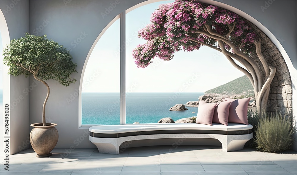 Poster a window with a view of the ocean and a bench. generative ai