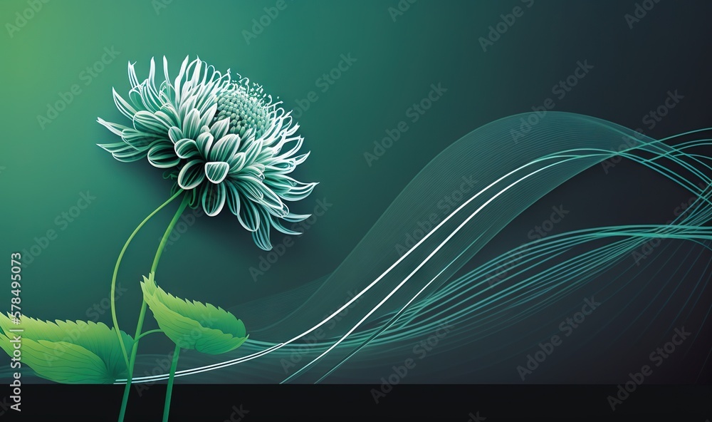 Poster a green flower with a long stem on a black background with wavy lines and a green background with a 