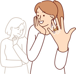 Woman feels delight showing wedding ring on finger after marriage proposal from boyfriend