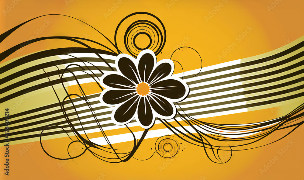 Poster a black and white flower on a yellow and black background with swirls and lines in the center of the