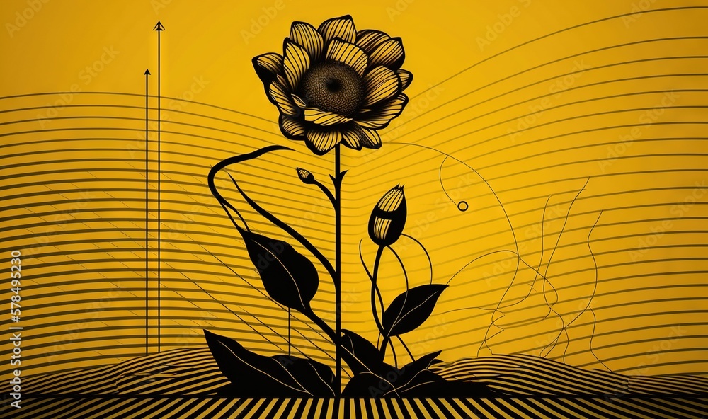 Poster  a black and yellow flower on a yellow and black background with lines in the foreground and a black and white flower on a yellow background with lines in the foreground.  generative ai