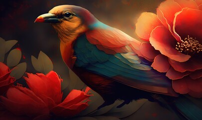  a colorful bird sitting on top of a red flower next to a red flower on a black background with a red and yellow flower in the center.  generative ai