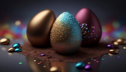 Shimmering metallic chocolate Easter eggs on a table with cocoa powder on the top and shimmering sprinkles of metallic glitter - extreme 3D details for an immersive visual experience. generative AI,