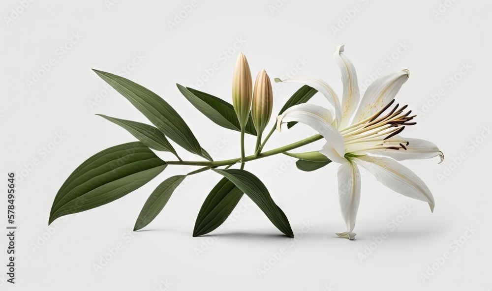 Poster a white flower with green leaves on a white background with space for text or image to be put on a p
