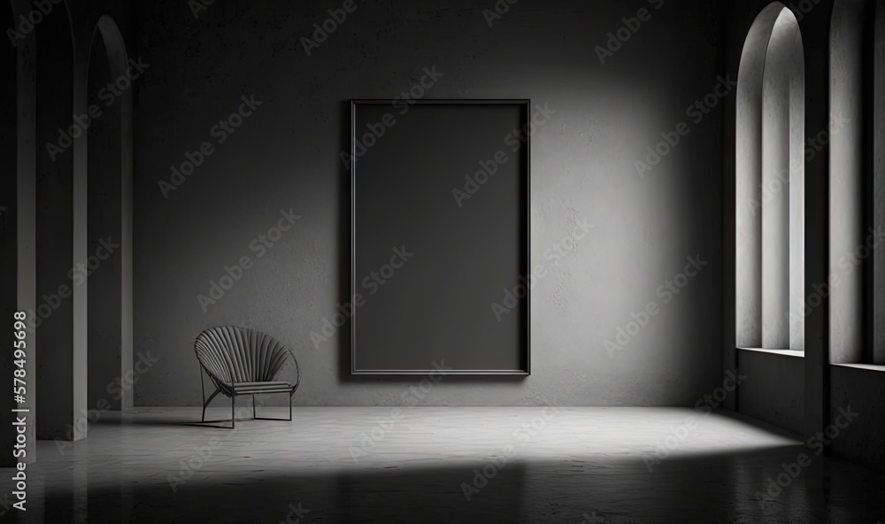 Poster an empty chair in a dark room with a picture frame hanging on the wall and a chair in the middle of 