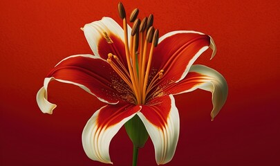  a red and white flower on a red background with a green stem in the center of the flower, with a red background behind it.  generative ai