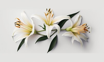  three white flowers with green leaves on a white background with space for text on the left side of the image is a white background with a white background and a.  generative ai
