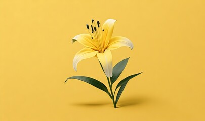  a single yellow flower with green leaves on a yellow background with a drop of water on the bottom of the flower and the petals on the bottom of the flower.  generative ai