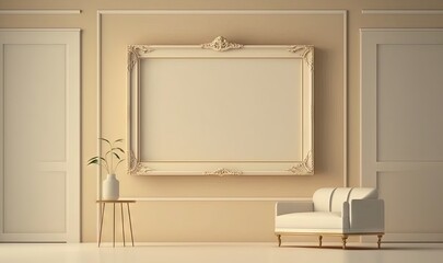  an empty room with a chair and a picture frame hanging on the wall above the chair and a plant in a vase on the floor.  generative ai