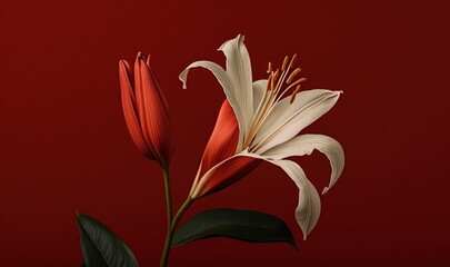  a white and red flower with green leaves on a dark red background with a red back ground and a red back ground with a red wall.  generative ai