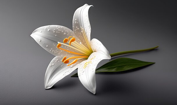  a white flower with yellow stamen on a gray surface with water droplets on it and a green leaf on the side of the flower.  generative ai