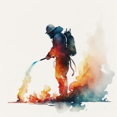 Watercolor art of a firefighter extinguishing flames, Generative AI
