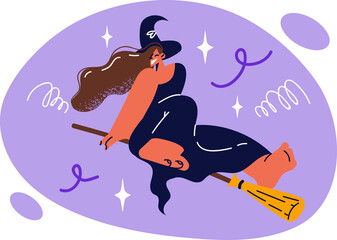 Happy witch flies on broomstick and laughs as she moves in night sky during Halloween