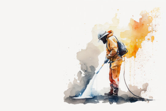 watercolor art of a firefighter extinguishing a fire, Generative AI