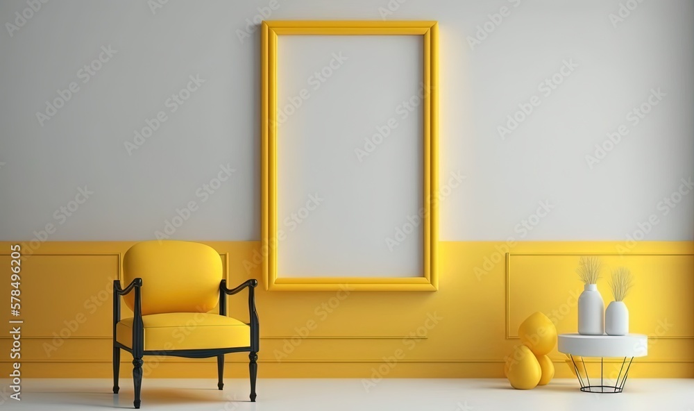 Poster a chair and a picture frame in a room with yellow walls and a vase with flowers on the floor and a t