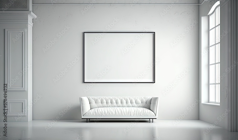 Poster a white room with a couch and a large picture frame on the wall above the couch is a window with a l