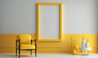  a chair and a picture frame in a room with yellow walls and a vase with flowers on the floor and a table with a vase with a vase on it.  generative ai