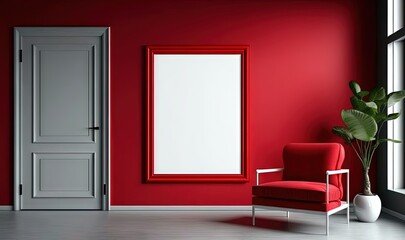  a red room with a red chair and a white framed picture on the wall and a white vase with a green plant in the corner of the room.  generative ai