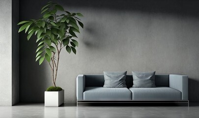  a living room with a couch and a potted plant on the side of the room, and a grey wall behind the couch, with a plant in the corner of the room.  generative ai