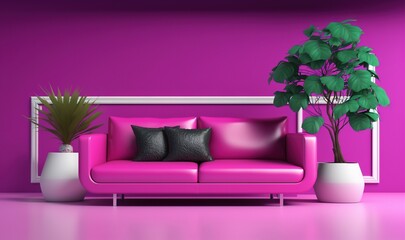  a living room with a pink couch and a potted plant in the corner of the room and a white framed mirror on the wall.  generative ai
