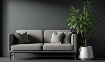  a living room with a couch and a potted plant on the side of the couch, and a grey wall behind the couch with a black background.  generative ai