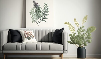  a living room with a couch and a plant in a vase on the side of the couch and a painting on the wall behind it.  generative ai