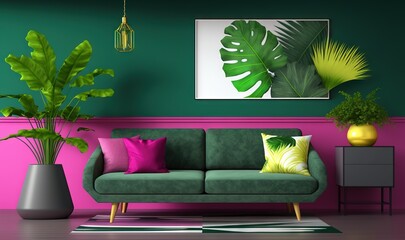  a living room with a green couch and a pink wall and a green plant in a vase on the side of the couch and a green wall.  generative ai