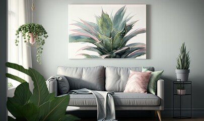  a living room with a couch, potted plant and a large painting on the wall above the couch is a grey couch with pink and green pillows.  generative ai