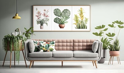  a living room with a couch, potted plants, and a framed picture on the wall above the couch is a green plant on the right side of the couch.  generative ai
