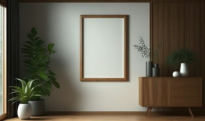 a room with a plant and a picture frame on the wall next to a dresser with a potted plant and a potted plant.  generative ai