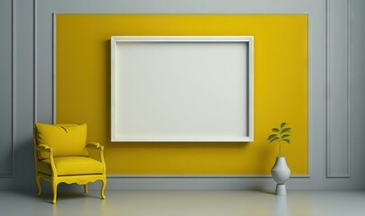  a yellow chair and a white picture frame in a room with a yellow wall and a white vase with a green plant in the corner.  generative ai