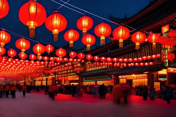 Chinese Lantern. Lunar Asian New Year Red Lamps Festival At Chinatown Night. Generative AI