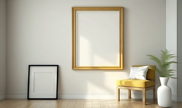  an empty picture frame on a wall next to a yellow chair and a white vase with a plant in it and a white cushion on a wooden floor.  generative ai