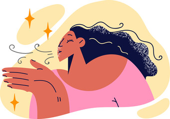 Positive woman does breathing exercise to support lung health and raises palm to face