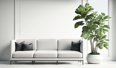  a living room with a couch and a potted plant on the side of the wall and a large window behind the couch and a white wall.  generative ai