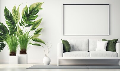  a living room with a couch and a plant in a vase next to a white wall with a picture frame on the wall above it.  generative ai