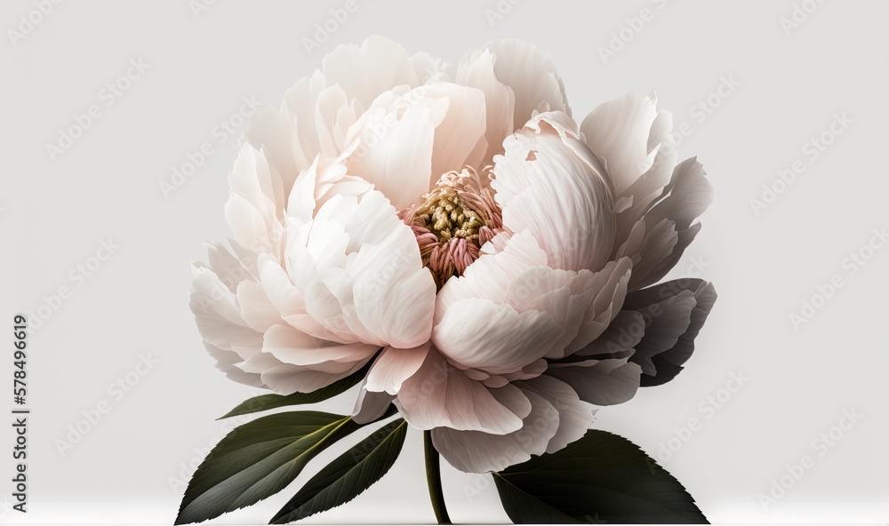 Poster a large white flower with green leaves on a white background with a white background and a white bac