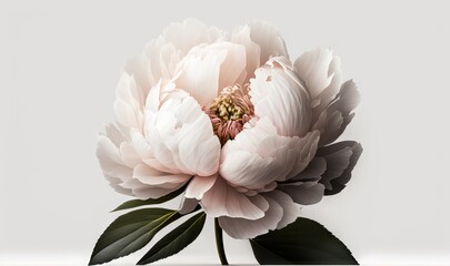  a large white flower with green leaves on a white background with a white background and a white background with a white background and a white background with a pink flower.  generative ai