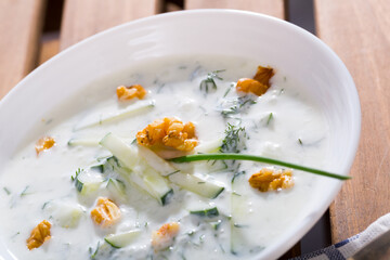 National Macedonian and Bulgarian dish Tarator - cold soup from yoghurt and cucumbers with potherbs