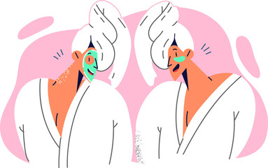 Women are standing in bathrobes and towels for spa procedures and cosmetic masks for face and eyes