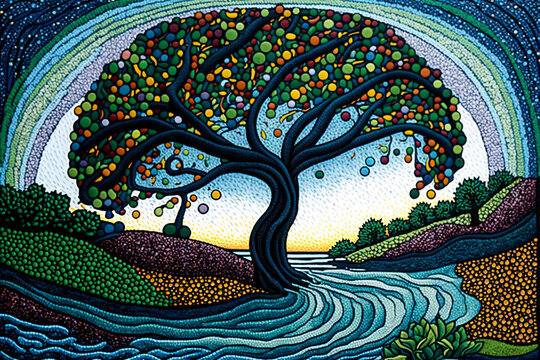 Colorful Tree by Stream, with Deep Roots