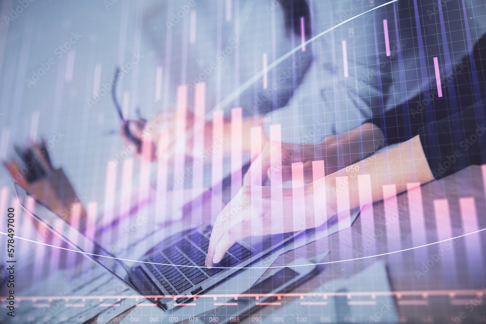 Poster multi exposure of woman hands typing on computer and financial chart hologram drawing. stock market 