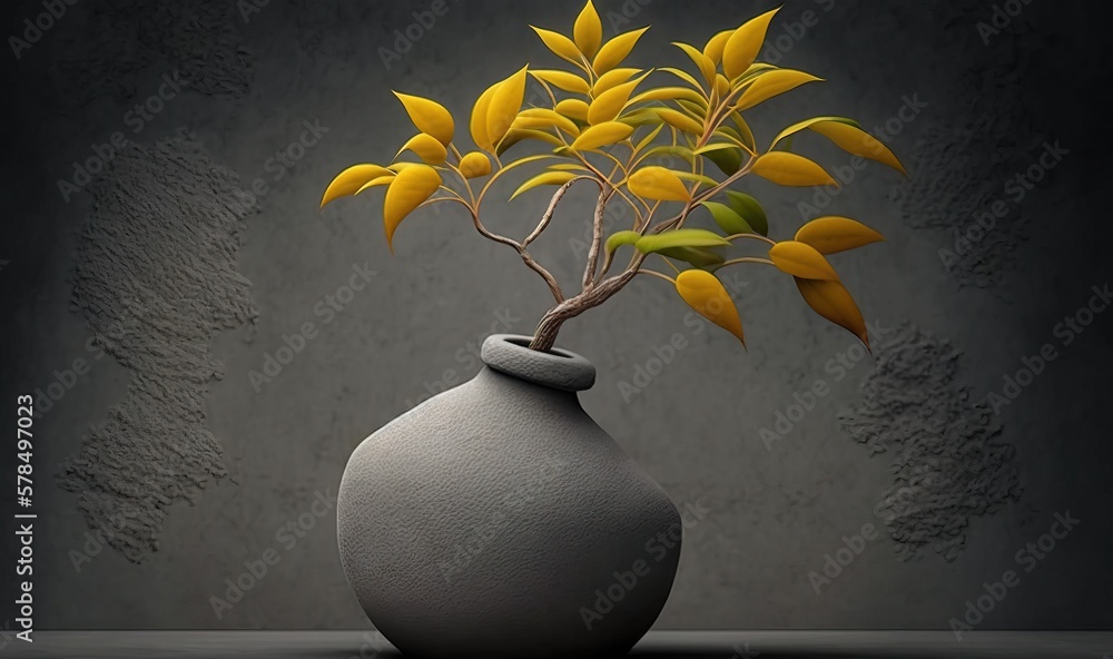 Poster a vase with a plant in it on a table next to a wall and a wall behind the vase is a dark background 