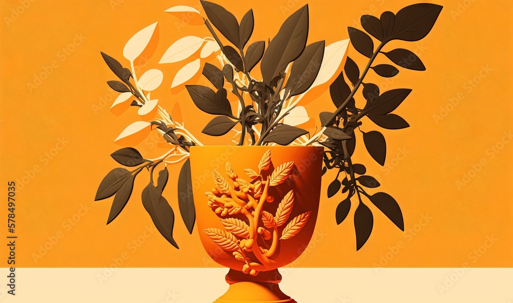 Poster a yellow vase with a plant in it on a yellow background with a white border around the vase and a ye